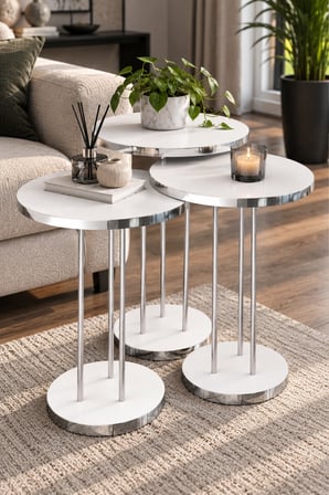 SuloraHome Gümüş Metal Ayaklı Beyaz 3'lü Zigon Sehpa Takımı