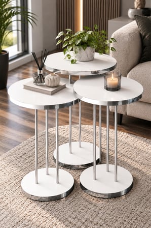 SuloraHome Gümüş Metal Ayaklı Beyaz 3'lü Zigon Sehpa Takımı