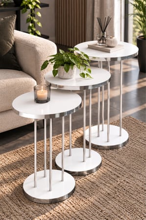 SuloraHome Gümüş Metal Ayaklı Beyaz 3'lü Zigon Sehpa Takımı