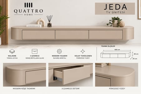 Jeda Duvara Monte TV Ünitesi 180 cm 3 Çekmeceli Modern Bej TV Sehpası