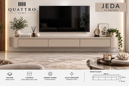 Jeda Duvara Monte TV Ünitesi 180 cm 3 Çekmeceli Modern Bej TV Sehpası