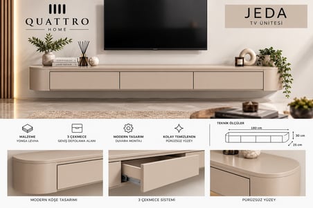 Jeda Duvara Monte TV Ünitesi 180 cm 3 Çekmeceli Modern Bej TV Sehpası