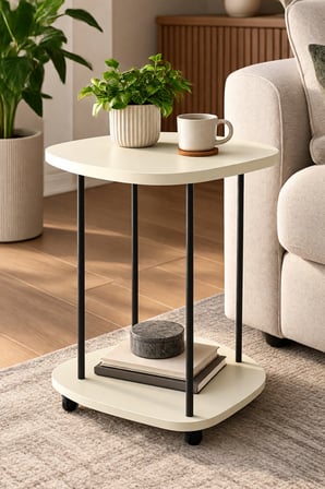 SuloraHome Tekerlekli Oval Servis Sehpası Krem Bej