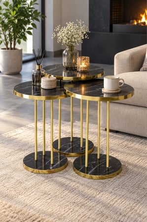 SuloraHome Siyah Mermer Desenli Gold Metal Ayaklı 3'lü Zigon Sehpa Takımı