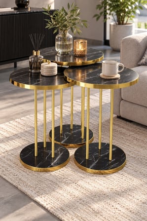 SuloraHome Siyah Mermer Desenli Gold Metal Ayaklı 3'lü Zigon Sehpa Takımı