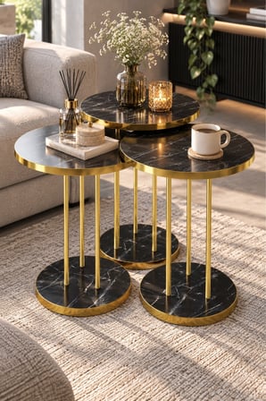 SuloraHome Siyah Mermer Desenli Gold Metal Ayaklı 3'lü Zigon Sehpa Takımı