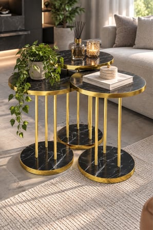 SuloraHome Siyah Mermer Desenli Gold Metal Ayaklı 3'lü Zigon Sehpa Takımı