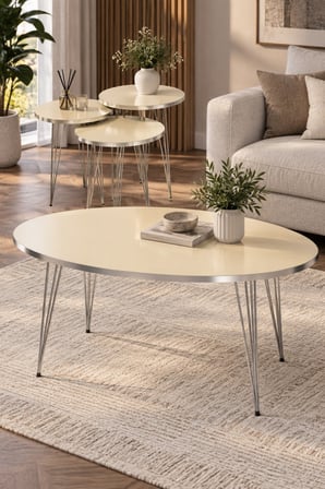 SuloraHome Gümüş Tel Ayaklı 4'lü Sehpa Seti Krem