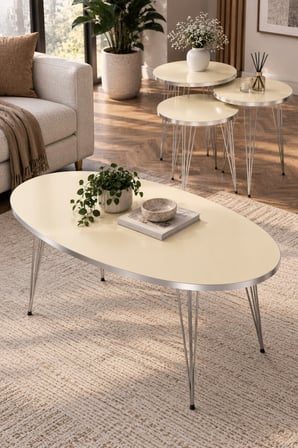 SuloraHome Gümüş Tel Ayaklı 4'lü Sehpa Seti Krem