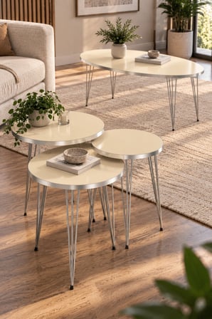 SuloraHome Gümüş Tel Ayaklı 4'lü Sehpa Seti Krem