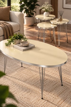 SuloraHome Gümüş Tel Ayaklı 4'lü Sehpa Seti Krem
