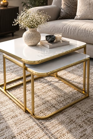SuloraHome Damla İkili Orta Sehpa Seti Beyaz ve Gold