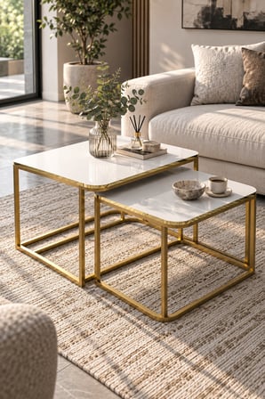 SuloraHome Damla İkili Orta Sehpa Seti Beyaz ve Gold