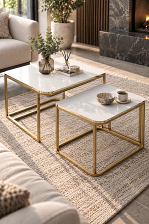 SuloraHome Damla İkili Orta Sehpa Seti Beyaz ve Gold