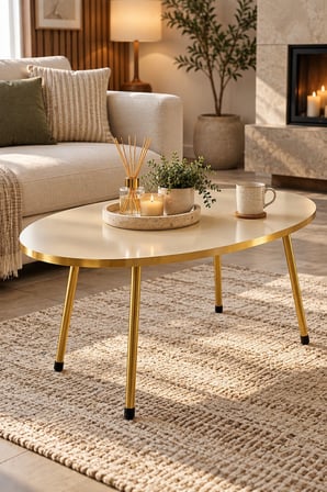 SuloraHome Gold Metal Oval Orta Sehpa Krem