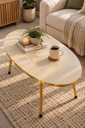 SuloraHome Gold Metal Oval Orta Sehpa Krem