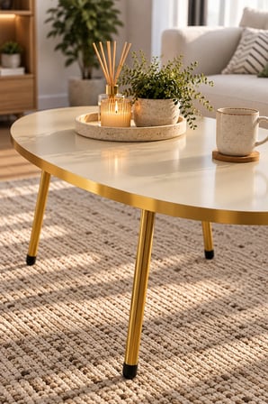 SuloraHome Gold Metal Oval Orta Sehpa Krem