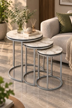SuloraHome Gümüş C Ayaklı Mermer Desenli 3'lü Zigon Sehpa Takımı