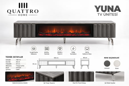 Yuna Antrasit Şömineli TV Ünitesi 160 cm Modern Metal Ayaklı
