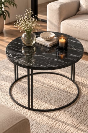 SuloraHome Siyah Orta Sehpa 70 cm Çapında Yuvarlak Salon Sehpası