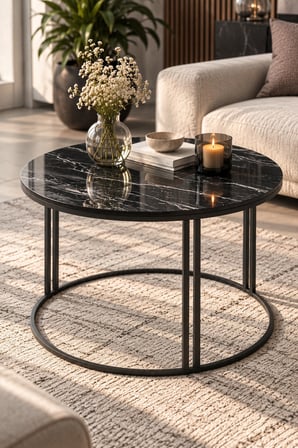 SuloraHome Siyah Orta Sehpa 70 cm Çapında Yuvarlak Salon Sehpası