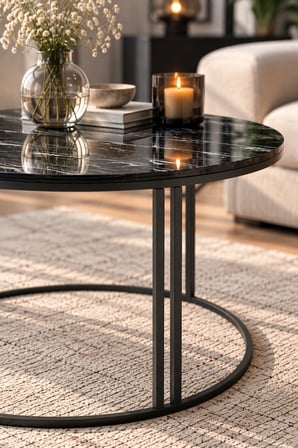SuloraHome Siyah Orta Sehpa 70 cm Çapında Yuvarlak Salon Sehpası