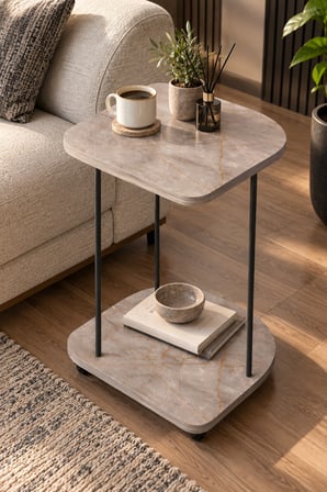 SuloraHome Tekerlekli Oval Servis Sehpası Mermer Desenli Gri