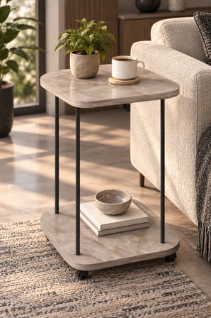 SuloraHome Tekerlekli Oval Servis Sehpası Mermer Desenli Gri