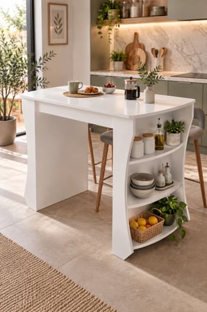 SuloraHome Mutfak Adası ve Kahvaltı Masası Raflı Beyaz Masa 120x60 cm