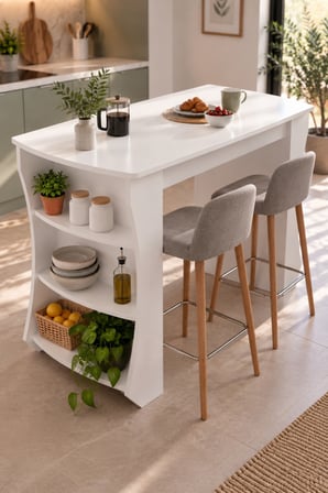 SuloraHome Mutfak Adası ve Kahvaltı Masası Raflı Beyaz Masa 120x60 cm