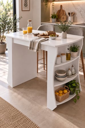 SuloraHome Mutfak Adası ve Kahvaltı Masası Raflı Beyaz Masa 120x60 cm