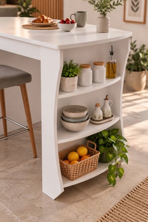 SuloraHome Mutfak Adası ve Kahvaltı Masası Raflı Beyaz Masa 120x60 cm