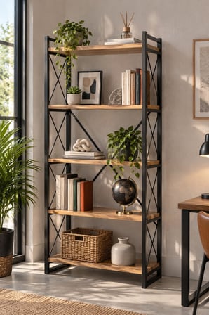 SuloraHome 5 Raflı Metal Kitaplık Ceviz Desenli 180 cm