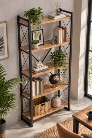 SuloraHome 5 Raflı Metal Kitaplık Ceviz Desenli 180 cm