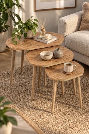 SuloraHome 3'lü Geometrik Zigon Sehpa Seti Kahverengi Atlantik Çam Desenli