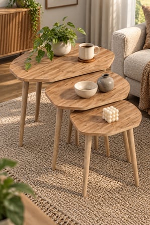 SuloraHome 3'lü Geometrik Zigon Sehpa Seti Kahverengi Atlantik Çam Desenli
