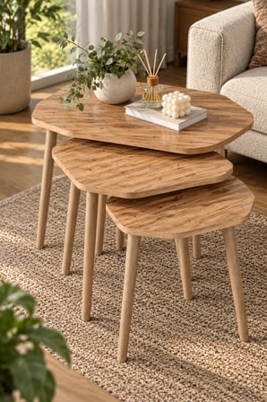 SuloraHome 3'lü Geometrik Zigon Sehpa Seti Kahverengi Atlantik Çam Desenli