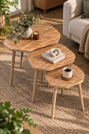 SuloraHome 3'lü Geometrik Zigon Sehpa Seti Kahverengi Atlantik Çam Desenli