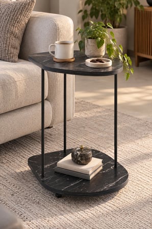 SuloraHome Tekerlekli Oval Servis Sehpası Siyah Mermer Desenli