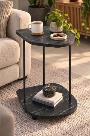 SuloraHome Tekerlekli Oval Servis Sehpası Siyah Mermer Desenli