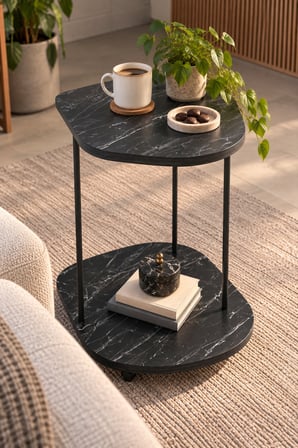 SuloraHome Tekerlekli Oval Servis Sehpası Siyah Mermer Desenli