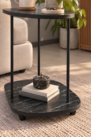 SuloraHome Tekerlekli Oval Servis Sehpası Siyah Mermer Desenli
