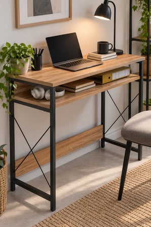 SuloraHome Çam Desenli Kahverengi Çalışma Masası ve Raflı Bilgisayar Masası