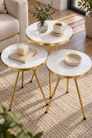 SuloraHome Gold Metal Ayaklı Beyaz 3'lü Zigon Sehpa Takımı