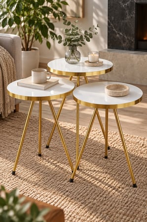 SuloraHome Gold Metal Ayaklı Beyaz 3'lü Zigon Sehpa Takımı