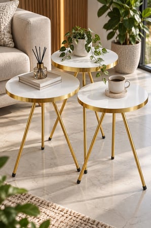 SuloraHome Gold Metal Ayaklı Beyaz 3'lü Zigon Sehpa Takımı