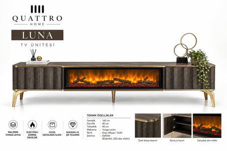 Luna Elektrikli Şömineli TV Ünitesi 160 cm Koyu Ahşap Gold Ayaklı Modern TV Sehpası