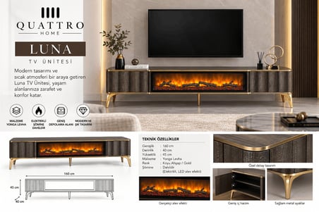 Luna Elektrikli Şömineli TV Ünitesi 160 cm Koyu Ahşap Gold Ayaklı Modern TV Sehpası