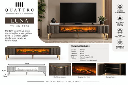 Luna Elektrikli Şömineli TV Ünitesi 160 cm Koyu Ahşap Gold Ayaklı Modern TV Sehpası