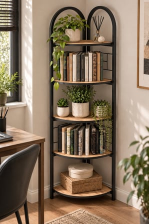 SuloraHome Metal Köşe Kitaplığı ve Saksılık 5 Katlı Atlantik Çam Desenli